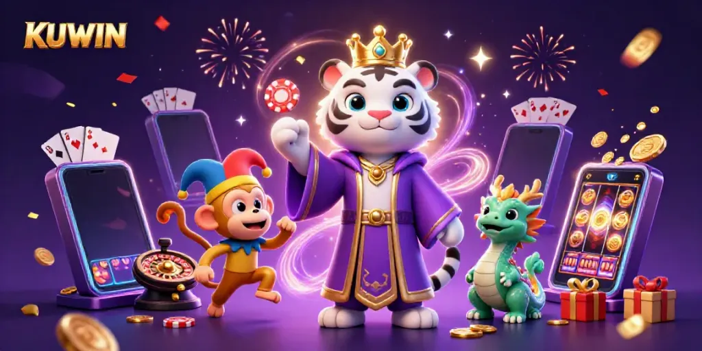 Engage with KUWIN through a vibrant casino-themed illustration featuring dynamic characters and winning elements.