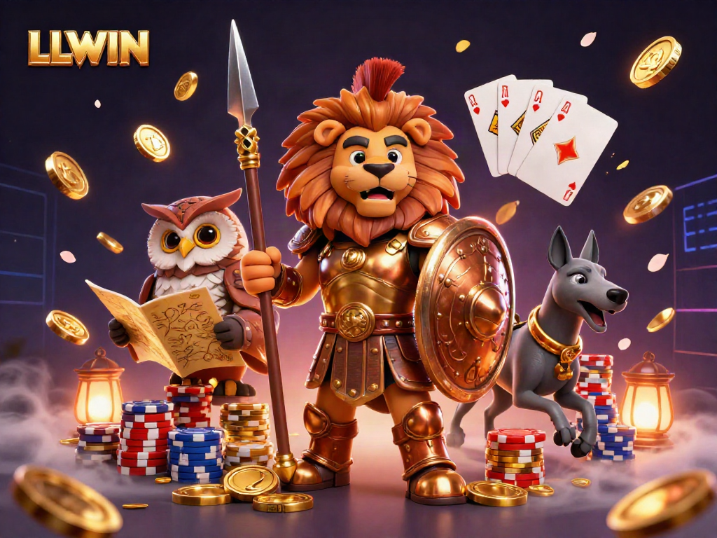 LLWIN showcases an exciting casino scene featuring a heroic lion and golden elements in action.