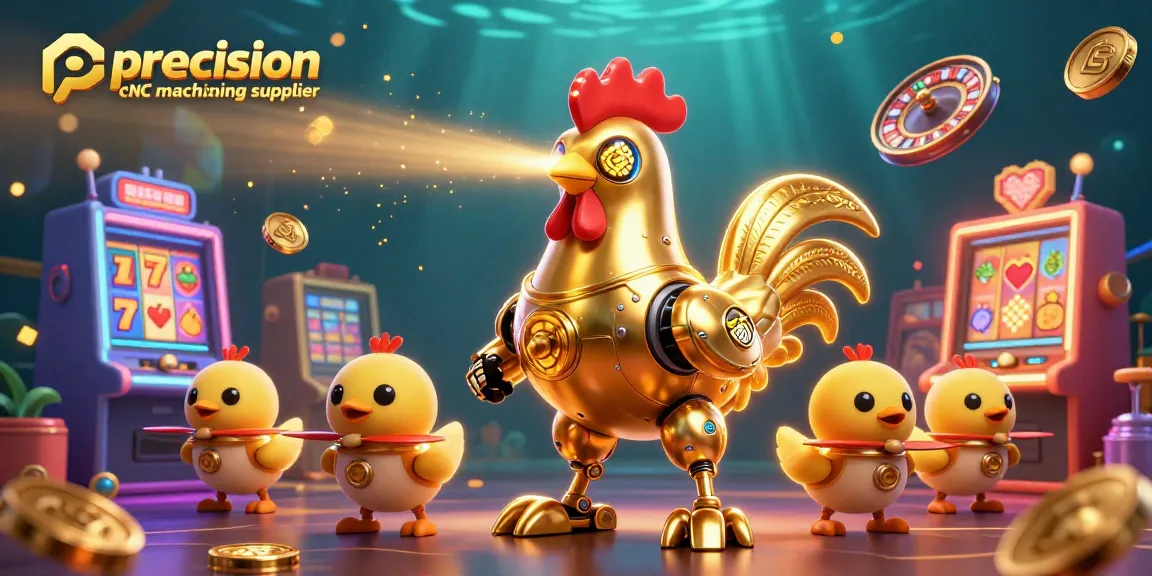 Engage with the precision cnc machining supplier's vibrant casino scene featuring slot machines and a golden rooster robot.