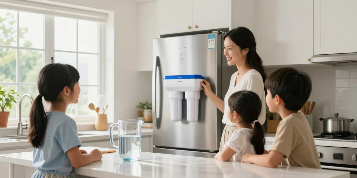 Installing the Maxblue DA29-00020B Refrigerator Water Filter in a bright kitchen to ensure clean drinking water for family.