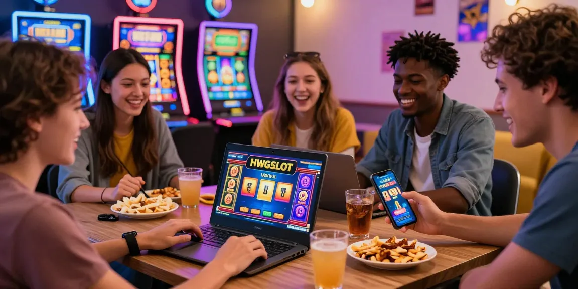 Friends enjoying HWGSLOT games on a laptop with vibrant slot graphics and a festive gaming atmosphere.