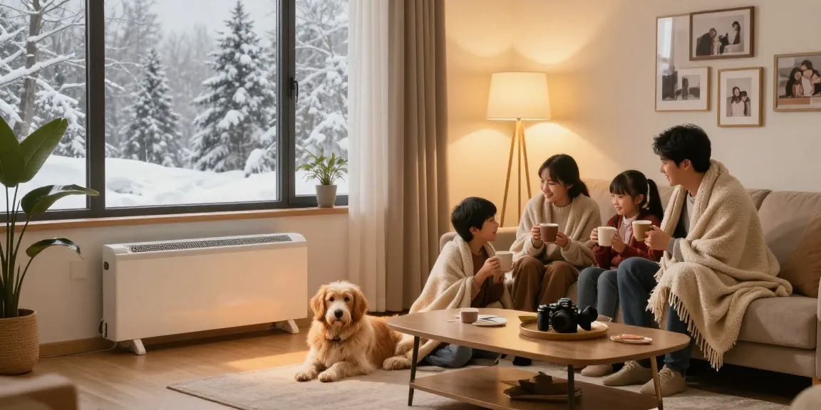 Family enjoying cozy warmth from a convector heater in a stylish living room.