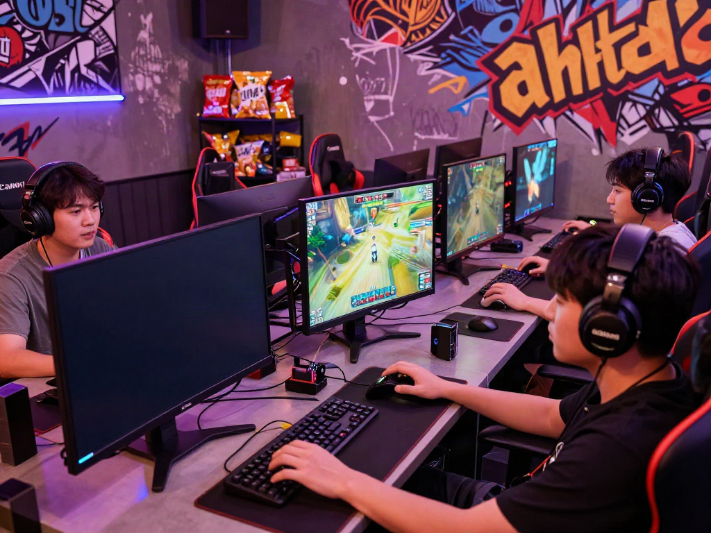 Intense gaming session with players focused on 'ahha4d' amidst vibrant LED lights and gaming gear.