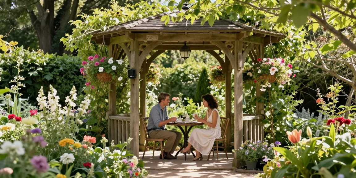 Zest wooden arbours providing a serene outdoor retreat amidst blooming flowers.