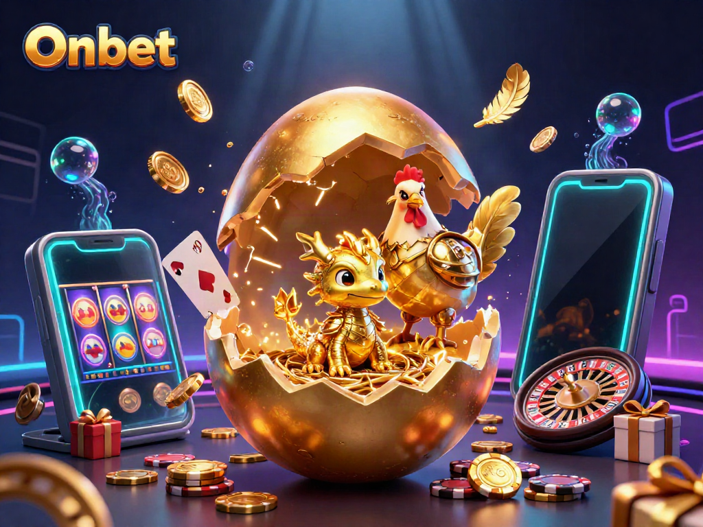 Engage with Onbet's thrilling casino experience featuring a golden baby dragon and dynamic gaming elements.