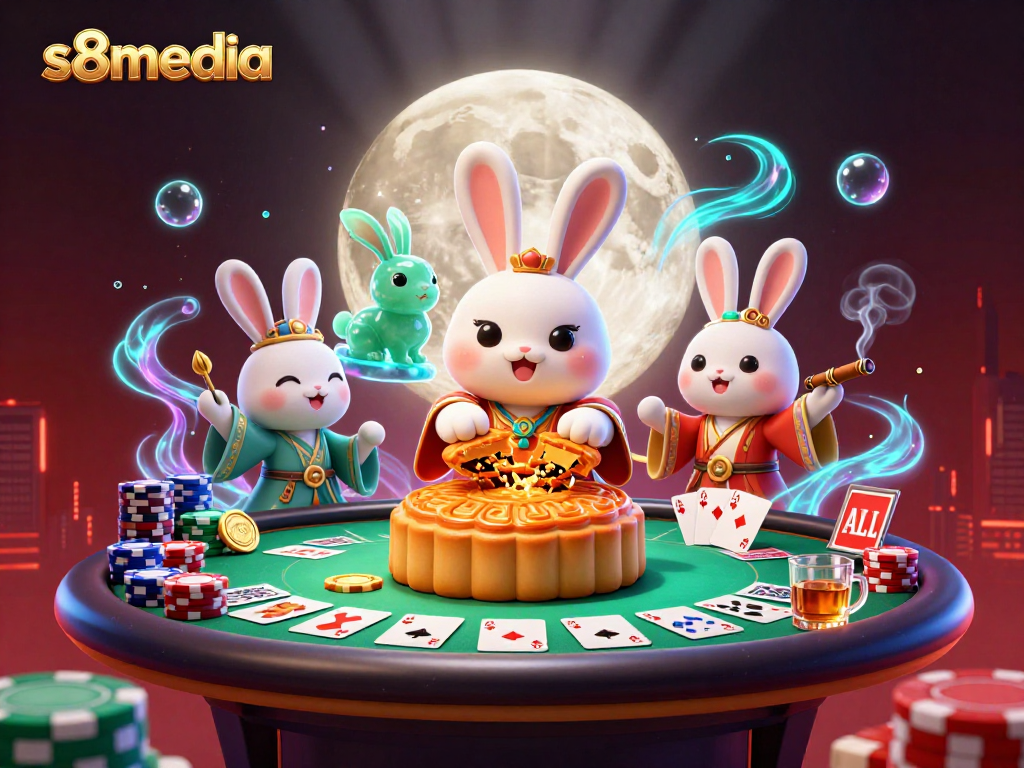 Sculpt the gaming experience with s8media's vibrant casino-themed moon rabbit scene.
