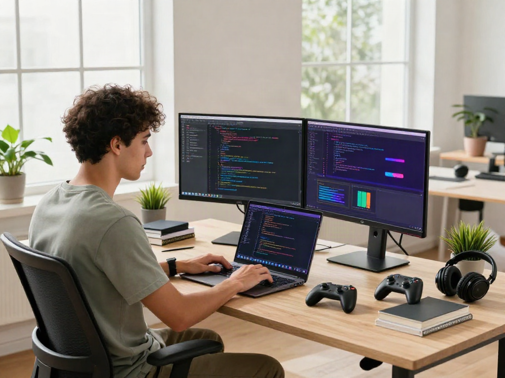 Youthful developer working on pikashow apk in a bright, modern tech workspace