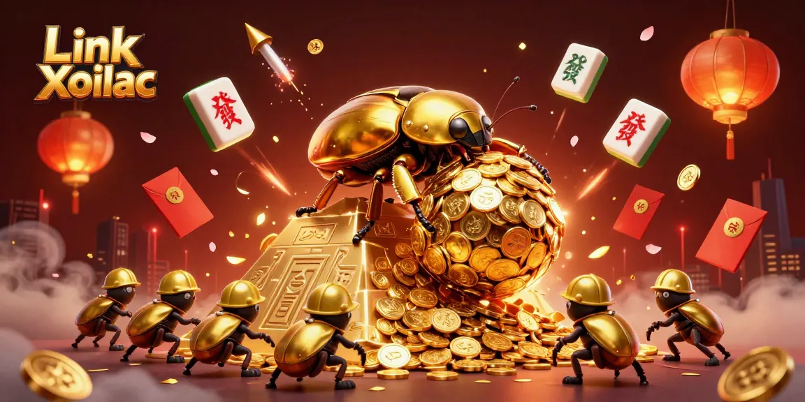 Engage with Link Xoilac as the golden dung beetle rolls coins at a vibrant casino scene.