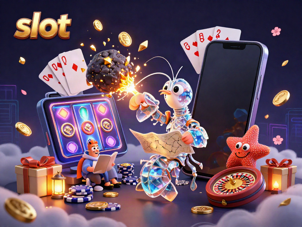 Experience thrilling slot action as a galactic samurai mantis shrimp bursts through an asteroid, revealing gems and coins.