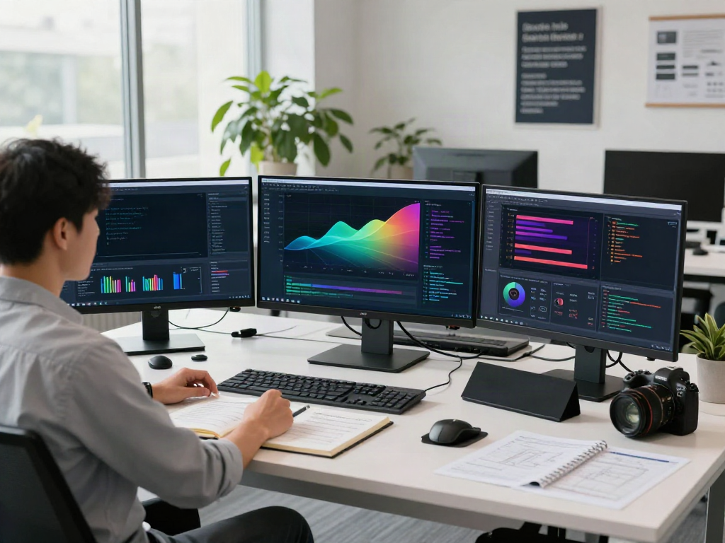 Data scientist in modern workspace to find AI datasets, analyzing code and charts.