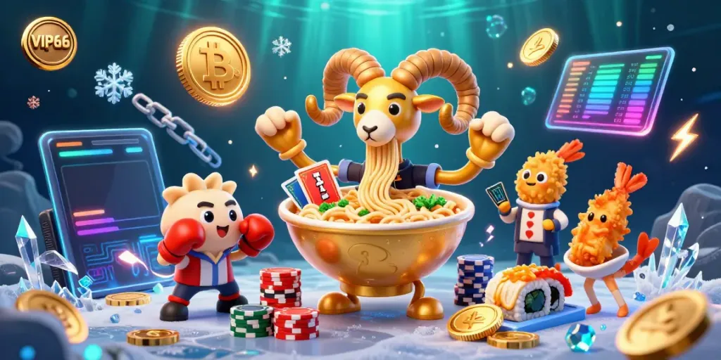 Experience VIP66 with a lively 3D illustration of a golden ramen bowl dealing cards amidst cryptocurrencies and cheerful sushi elements.