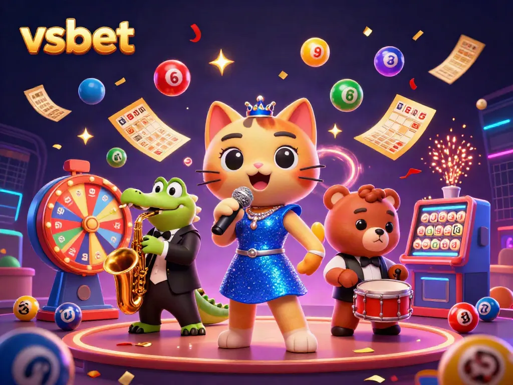 Experience the vibrant energy of vsbet with a 3D jazz-singer cat, crocodile, and bear cub on stage.