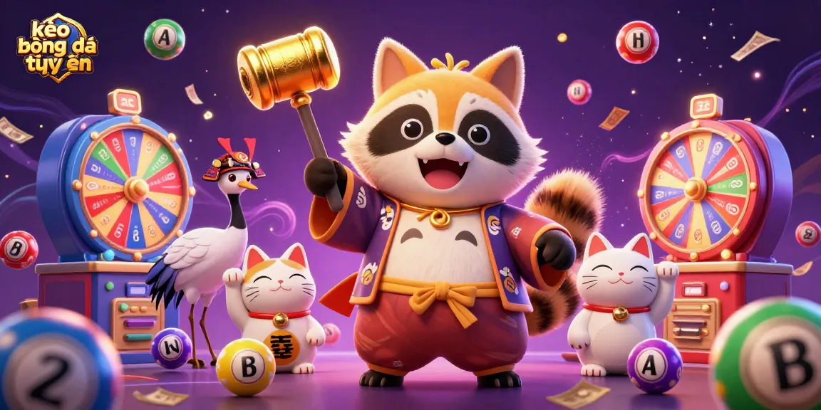 Bet on kèo bóng đá trực tuyến with a vibrant 3D casino scene featuring lucky tanuki, colorful lottery elements, and festive decor.