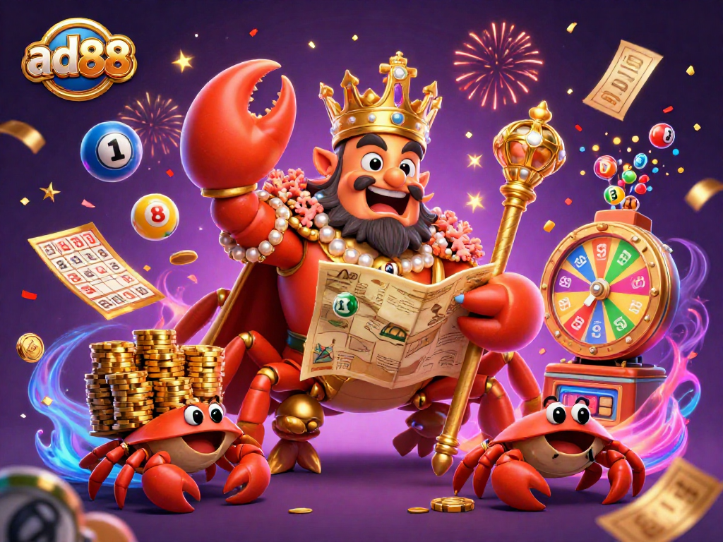 Experience the excitement at ad88 with a lively illustration of a crab emperor among vibrant lottery and casino elements.