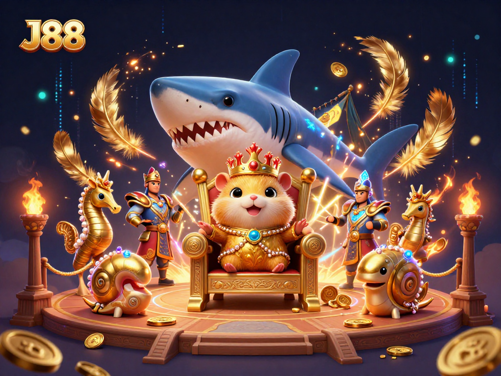 Experience J88's thrilling gaming scene with a fierce golden hamster king ruling from his megalodon throne.