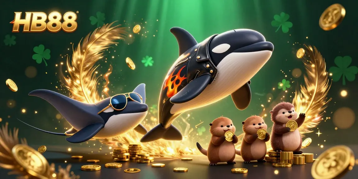 Engage with HB88 as the orca leaps over a rich scene of wealth and excitement in this vibrant casino illustration.