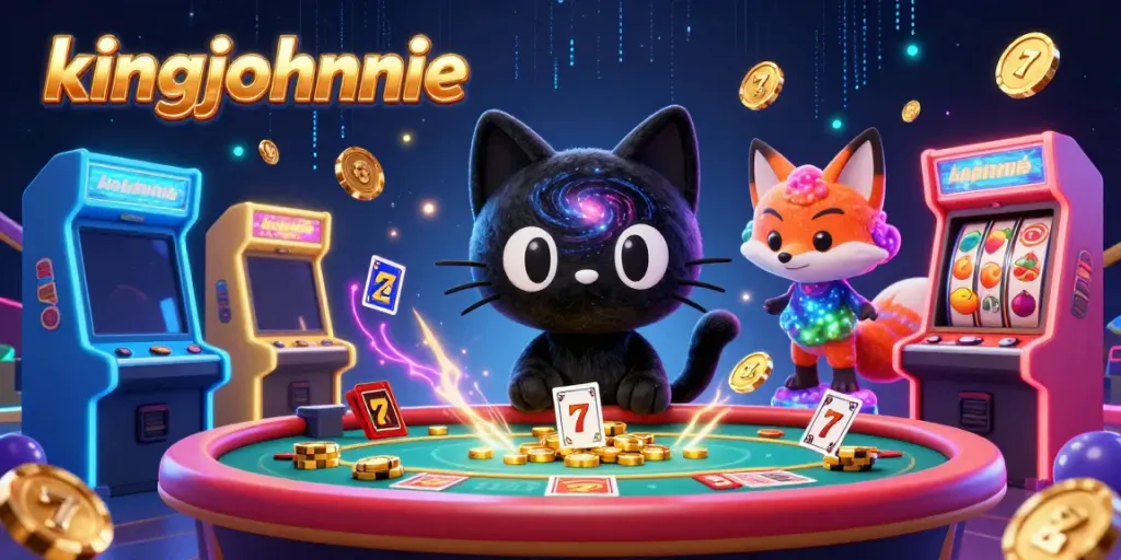 Engage with kingjohnnie at a vibrant cosmic casino table, surrounded by dynamic gaming elements.