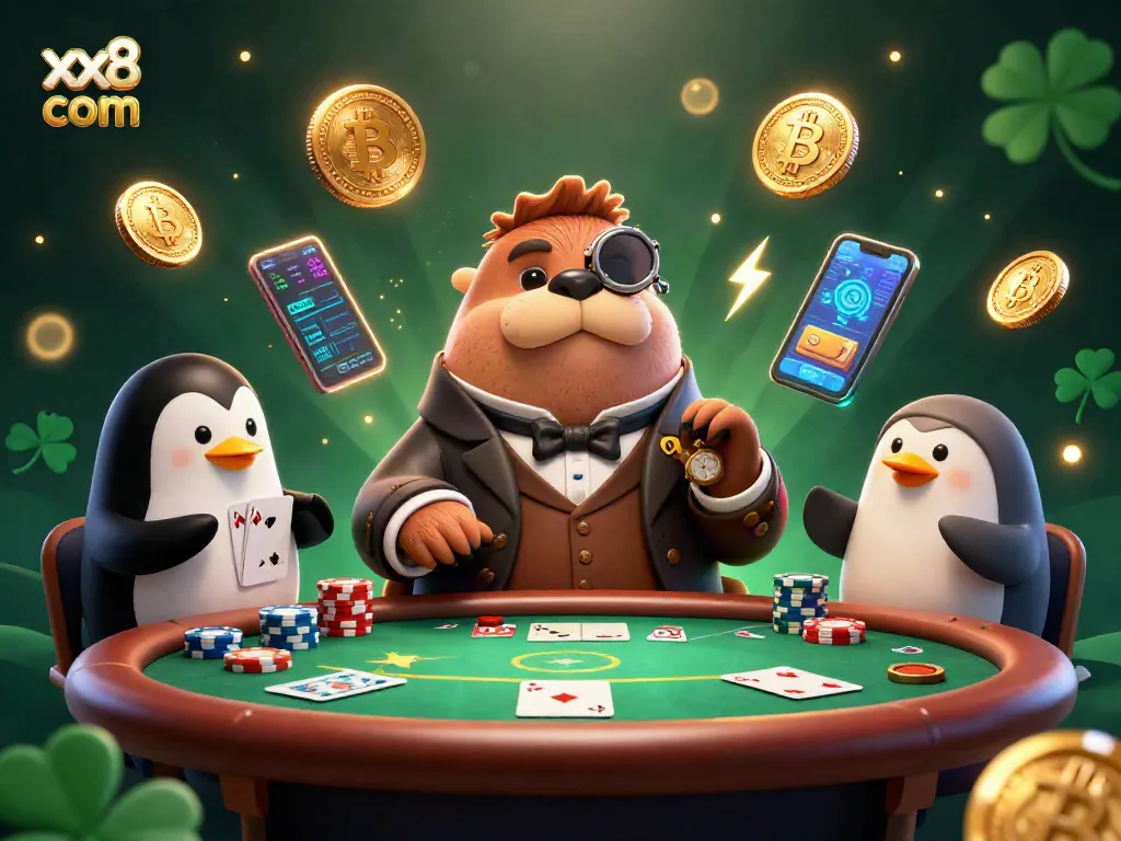 Engage with xx8 com in this vibrant underwater poker scene featuring animated characters and cryptocurrency elements.