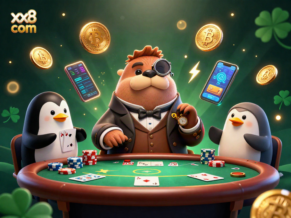 Engage with xx8 com in this vibrant underwater poker scene featuring animated characters and cryptocurrency elements.