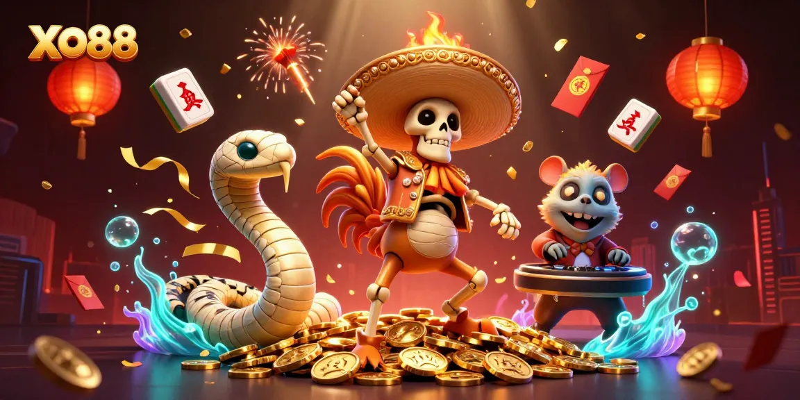 Join the excitement at XO88 with a victory dance and golden treasures in a vibrant casino scene.