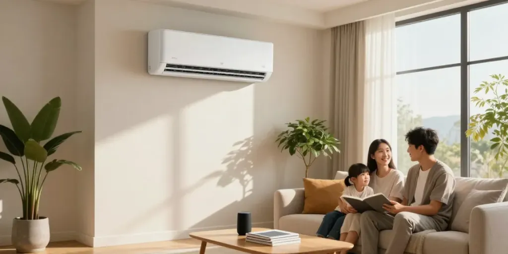 Cozy living room featuring a modern mini split air conditioner with a family enjoying time together.