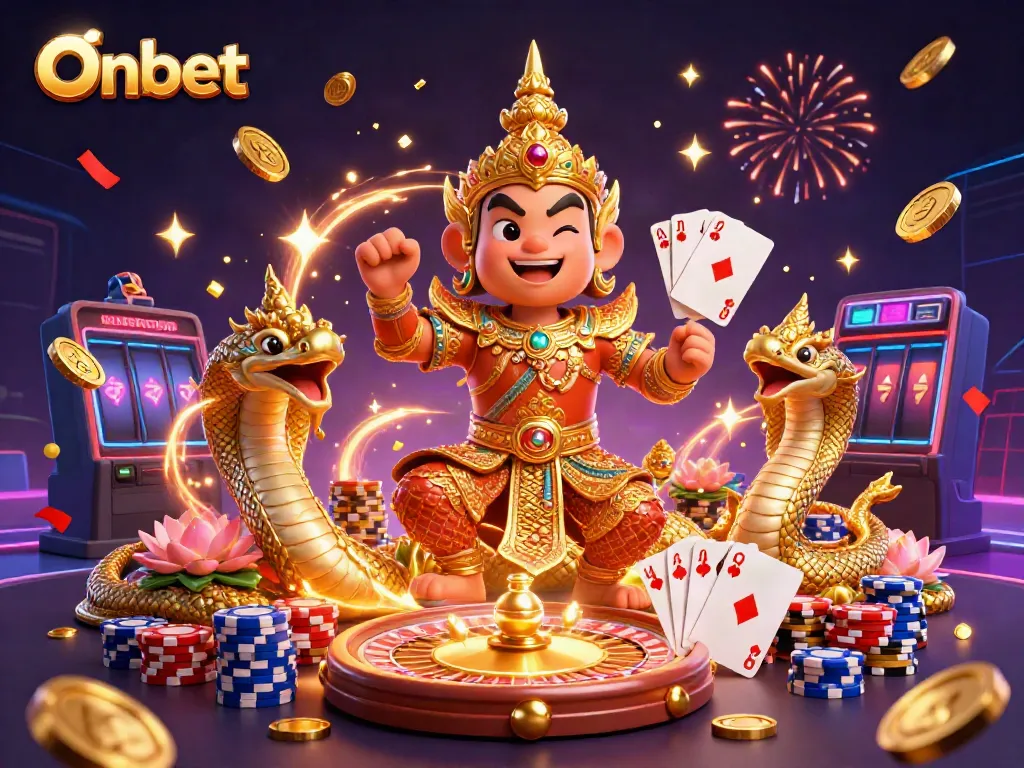 Experience Onbet's thrilling casino atmosphere with vibrant characters and dynamic game elements.
