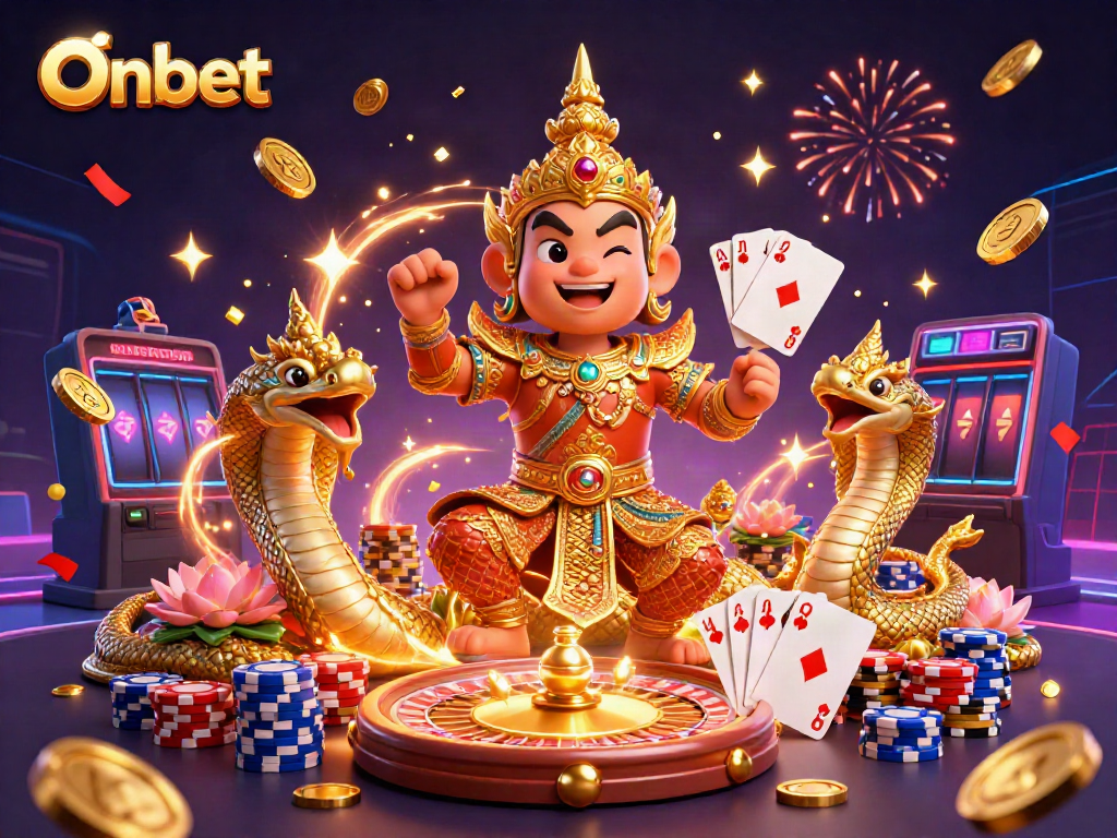 Experience Onbet's thrilling casino atmosphere with vibrant characters and dynamic game elements.