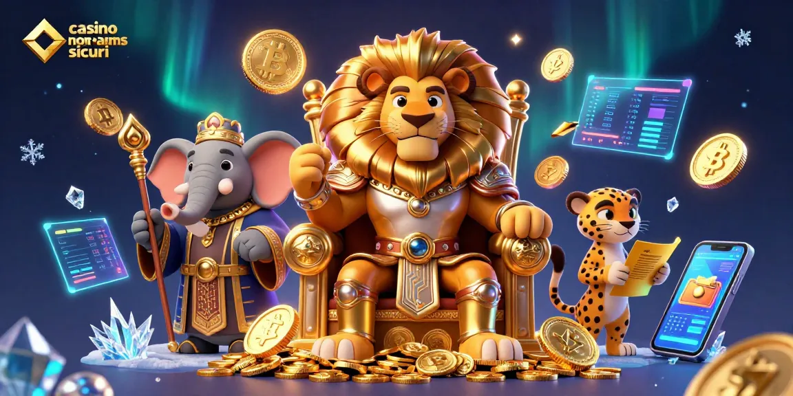 Cattura l'attenzione nei casino non AAMS sicuri con questa vivace illustrazione 3D che rappresenta un re leone, un elefante e una ghepardo tra simboli crypto.