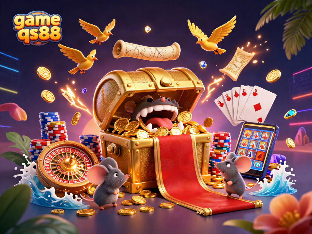 Engage with game qs88 featuring a golden treasure chest in a rich casino environment.