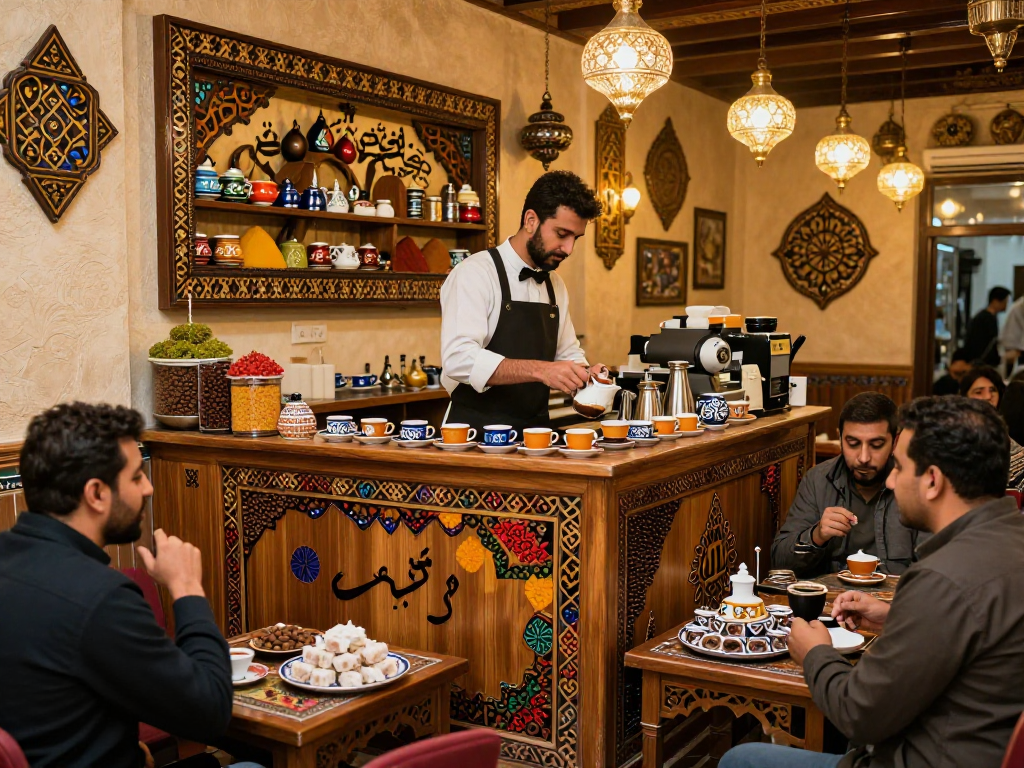 قهوجيين في مشهد مقهى تقليدي مع إعداد القهوة والأجواء الدافئة.