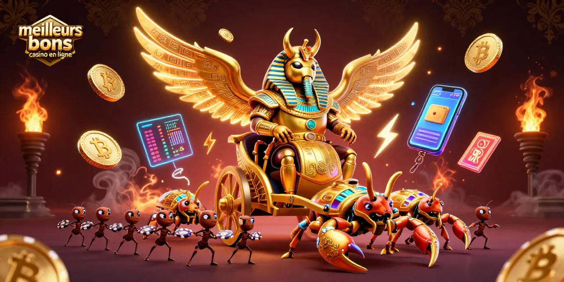 Découverte des meilleurs bonus de casino en ligne avec un scarabée doré et des éléments de jeu numérique.