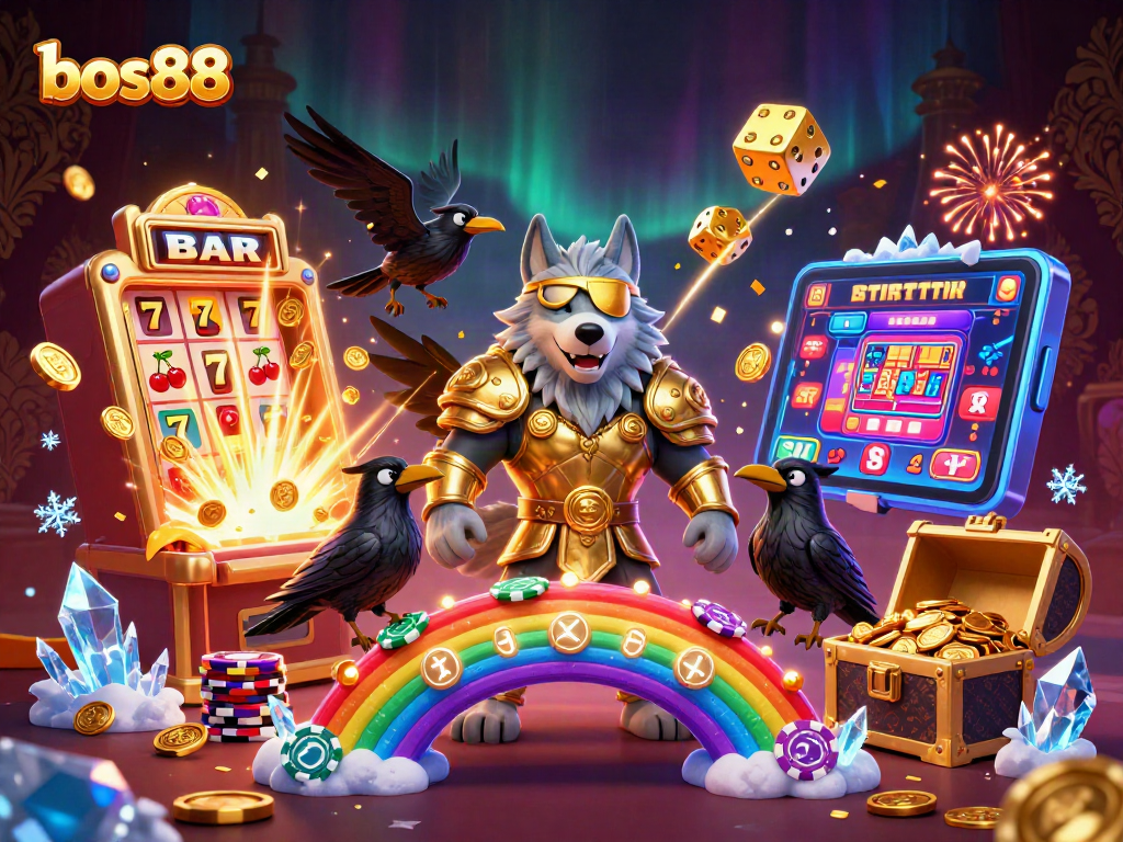 Bermain di bos88 dengan tampilan slot dan jackpot yang meledak, dikelilingi efek koin dan cahaya.