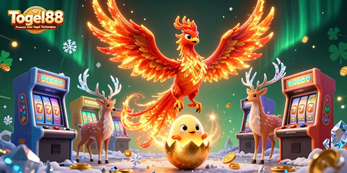 Togel88 Pasaran Toto Togel Terlengkap showcases a phoenix and stag in a vibrant casino scene with game elements.