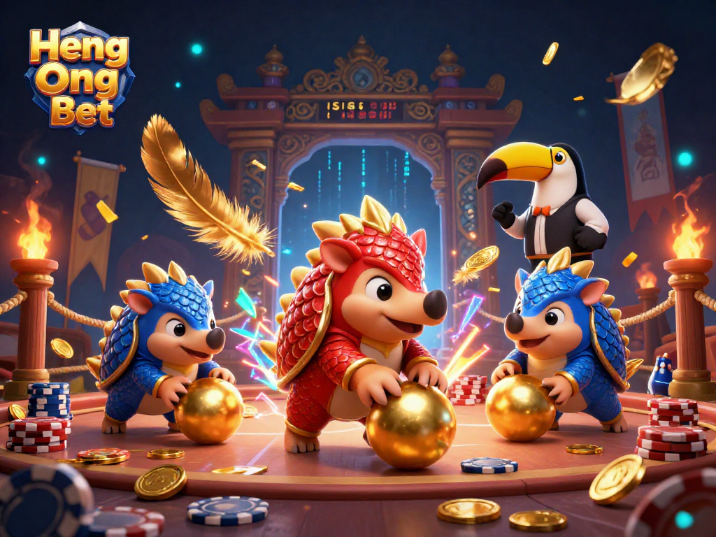 Experience thrilling play with Heng Ong Bet as cartoon pangolins roll through poker chips in a vibrant casino.