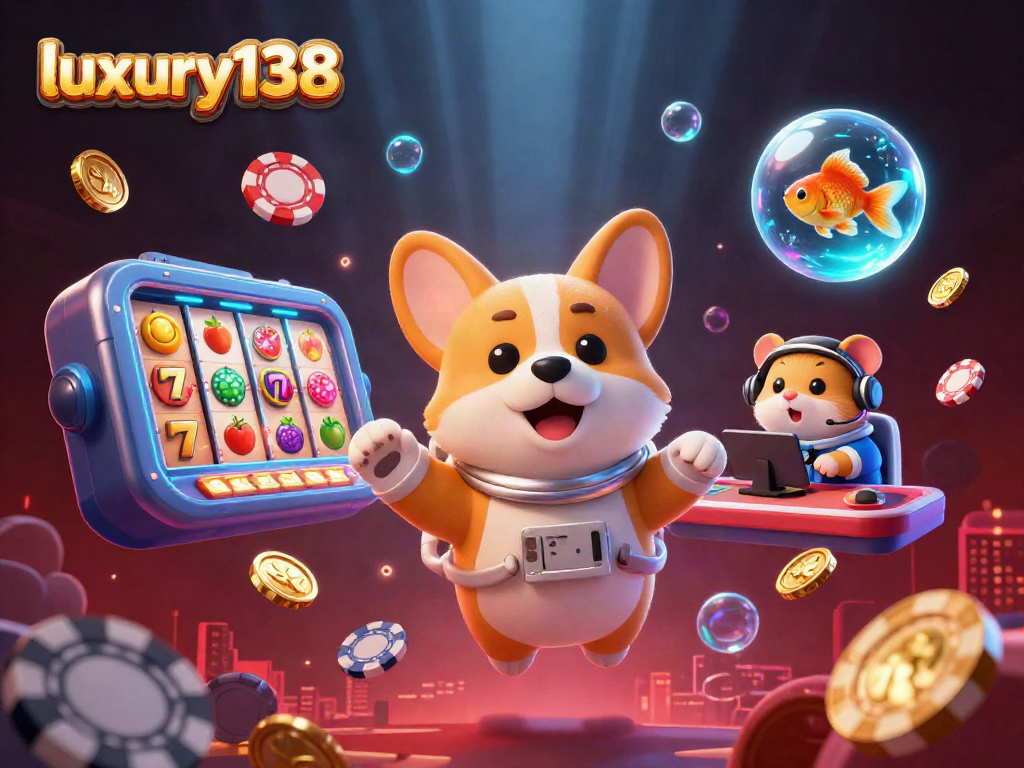 Luxury138 menghadirkan suasana kasino dengan karakter kartun 3D di dalam ruang angkasa, lengkap dengan chip poker dan koin emas.