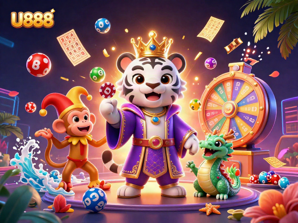 Experience the excitement of U888 with lively lottery activities featuring vibrant 3D characters.