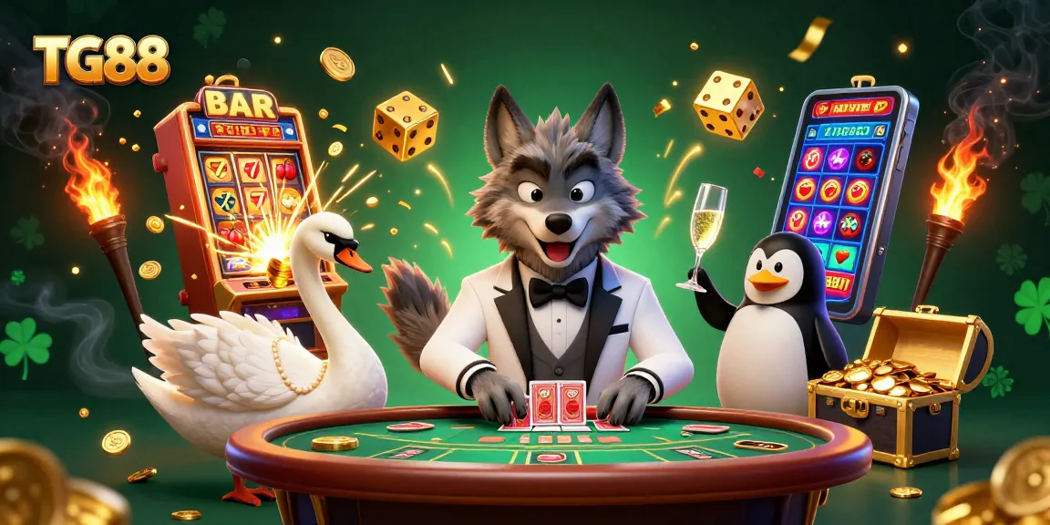 Experience TG88's thrilling atmosphere with a lively scene of cartoon characters and casino elements.