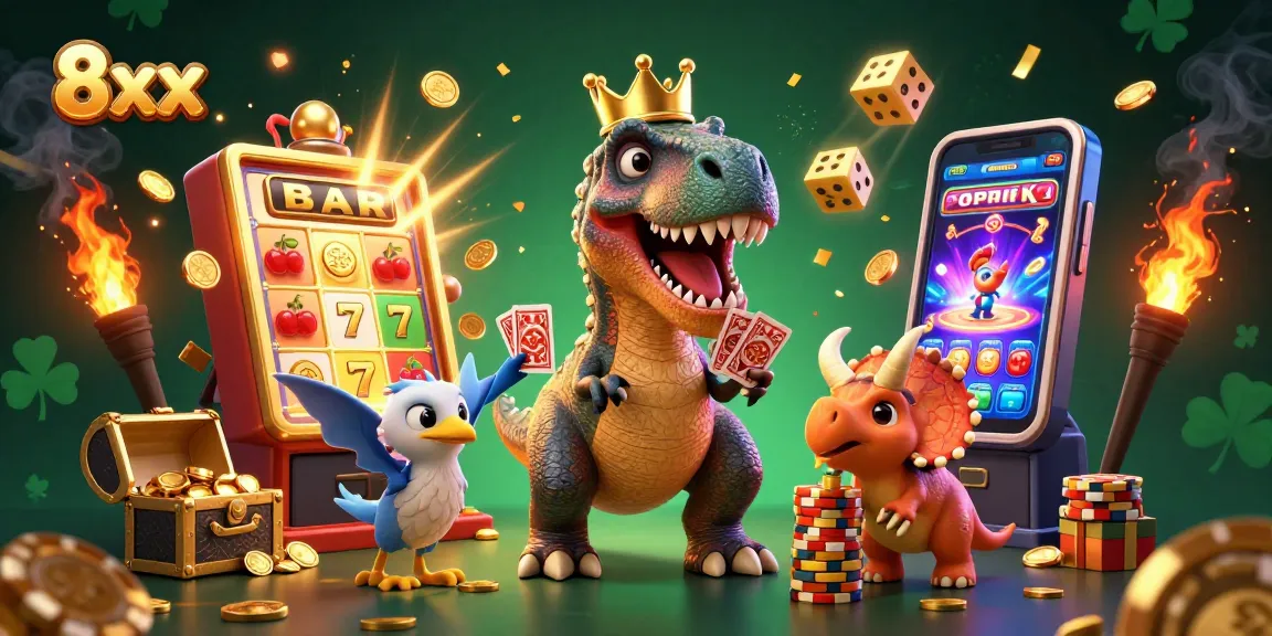 Engage in thrilling gameplay with 8xx where a T-Rex shuffles cards amidst exploding slots and chips!