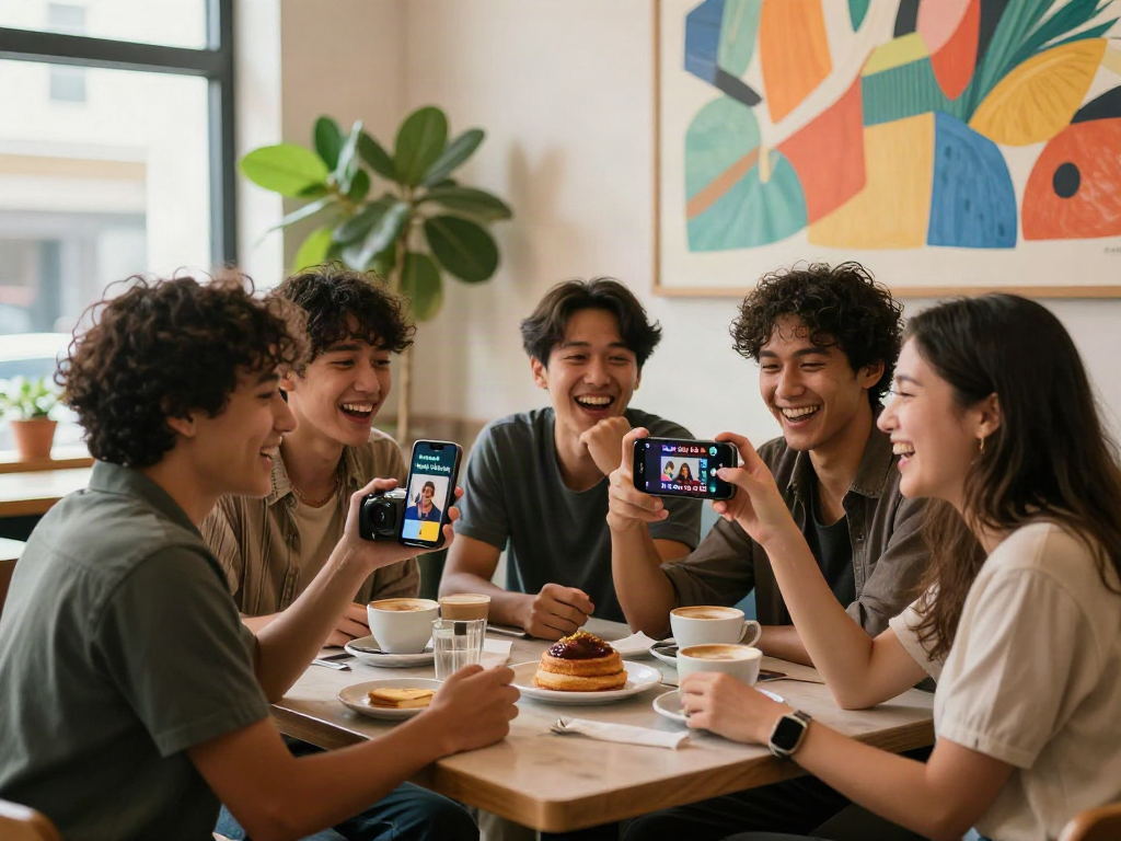 Friends enjoying a café moment using "how old do I look" app, sharing smiles and laughter.