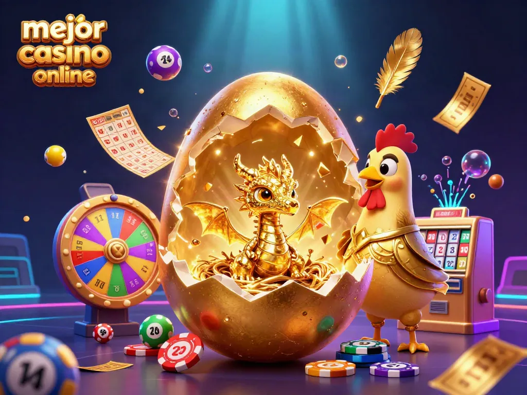 Experimenta en el mejor casino online con un dragón dorado emergiendo de un huevo en un entorno vibrante.