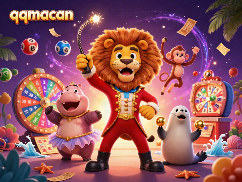 Engage in exhilarating gameplay with qqmacan, featuring dynamic illustrated circus characters in a vibrant casino setting.