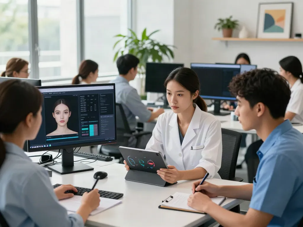 Exploring alternatives to QOVES in a modern beauty analysis workspace with professionals evaluating facial metrics.