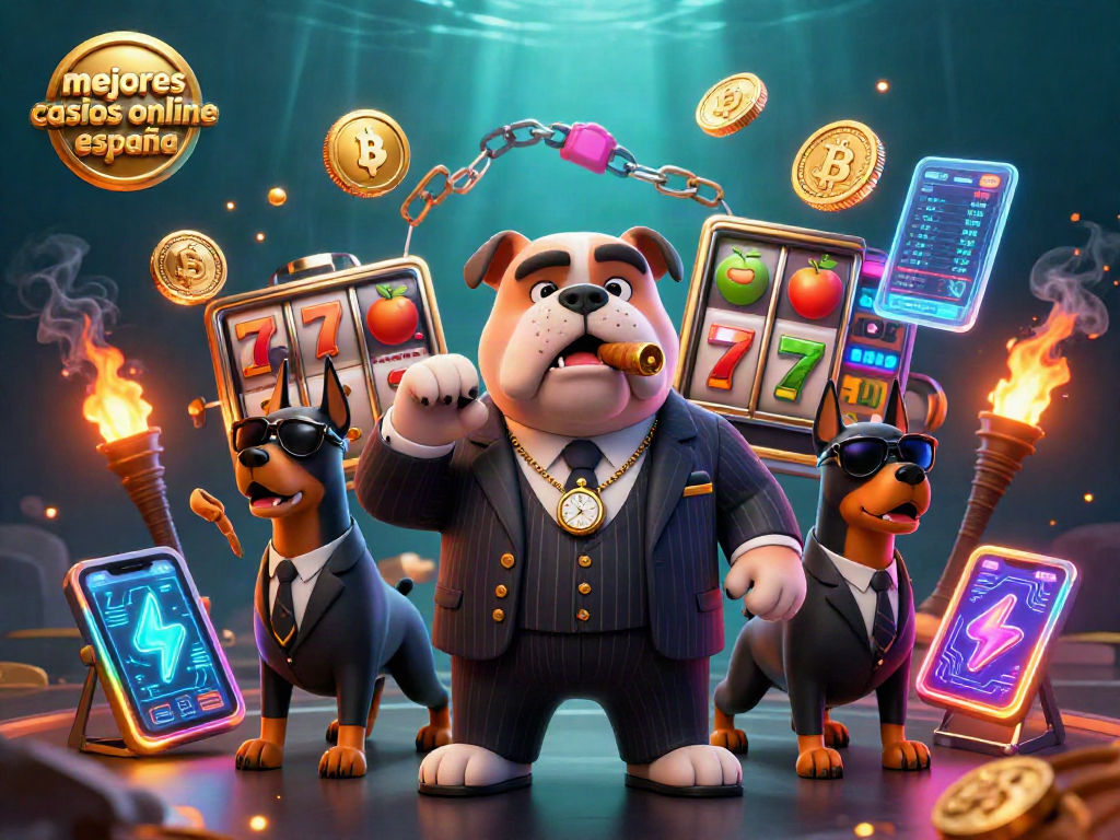 Imágenes de los mejores casinos online España con un perro bulldog mafioso y símbolos de tragamonedas.