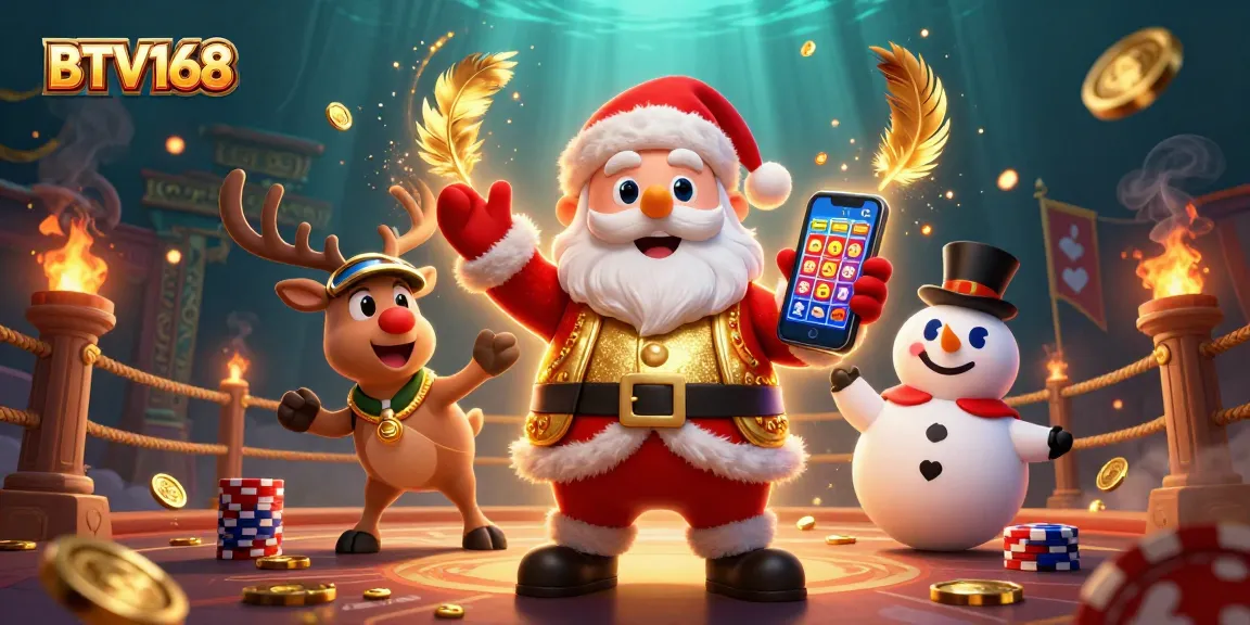 Experience thrilling gameplay at BTV168 with a vibrant casino scene featuring Santa, reindeer, and poker!
