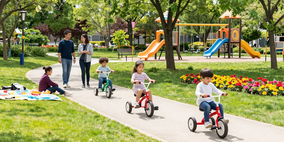Children joyfully riding tricycles in a sunny park, showcasing family fun and outdoor activities.