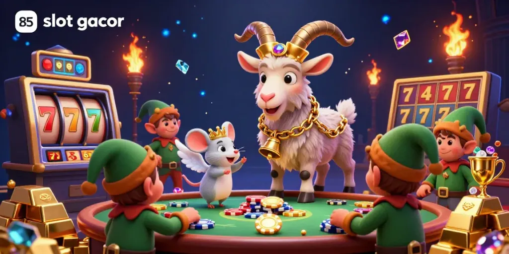 Experience thrill at the slot gacor casino featuring exciting characters and treasure-filled scenes.