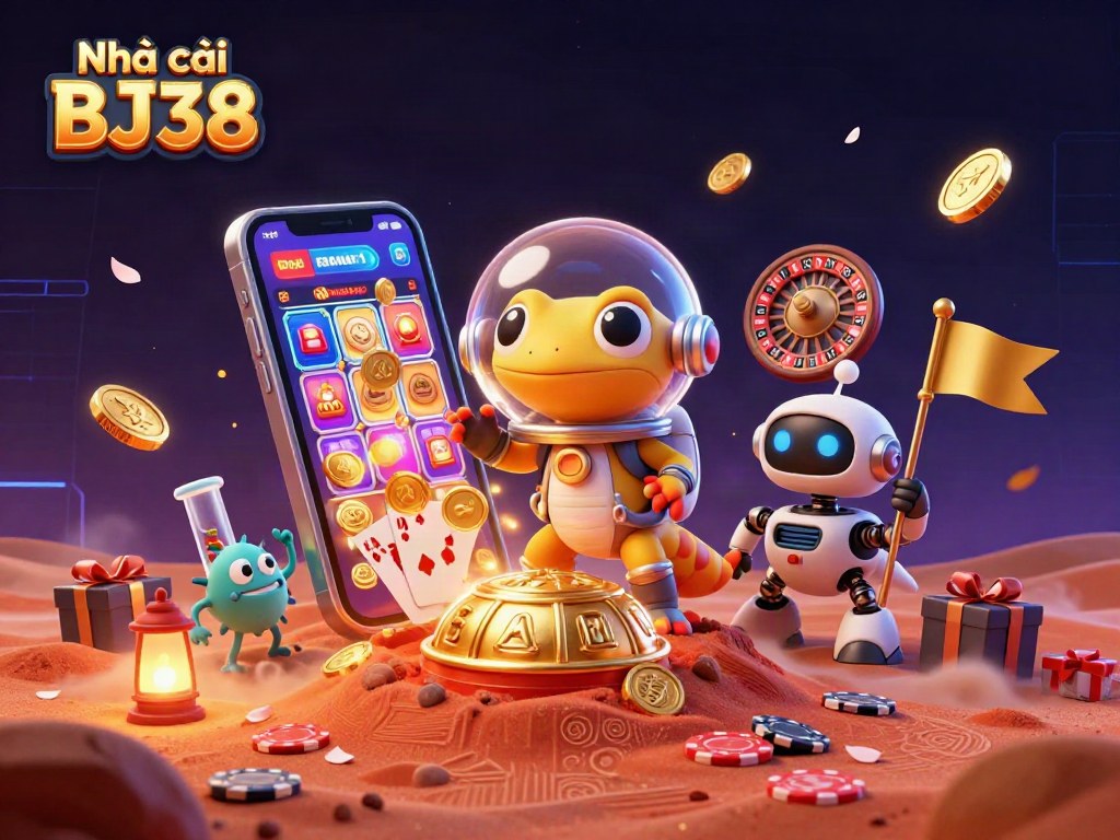 Experience thrilling gameplay at Nhà cái BJ38 with an exciting range of casino games illustrated in a vibrant scene.
