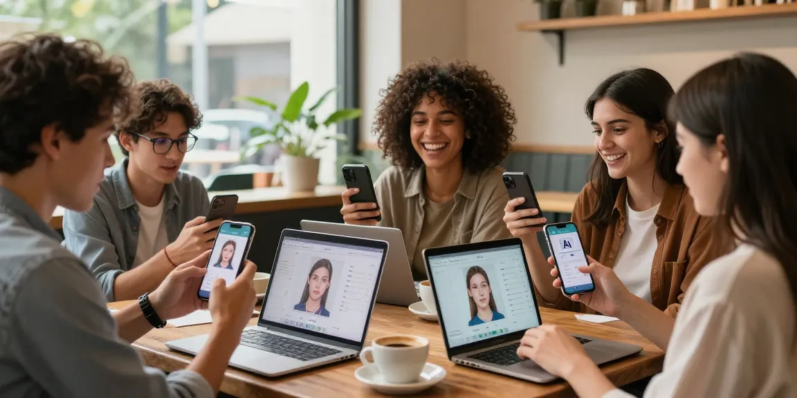 Young adults taking an AI attractiveness test in a bright coffee shop, showcasing facial analysis and fun reactions.