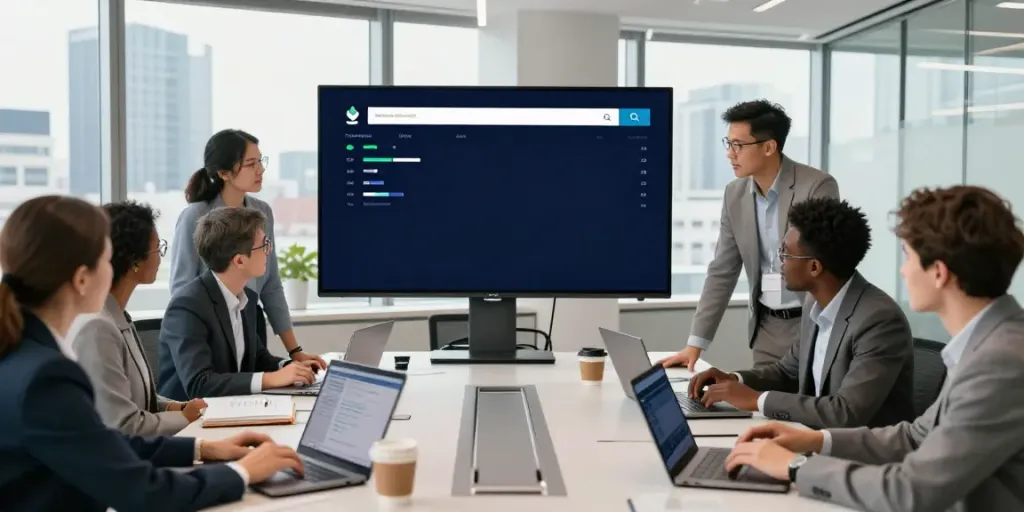 Collaborative team analyzing company search Ireland data in a modern office.