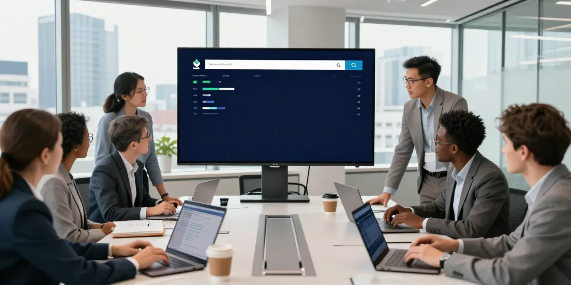Collaborative team analyzing company search Ireland data in a modern office.